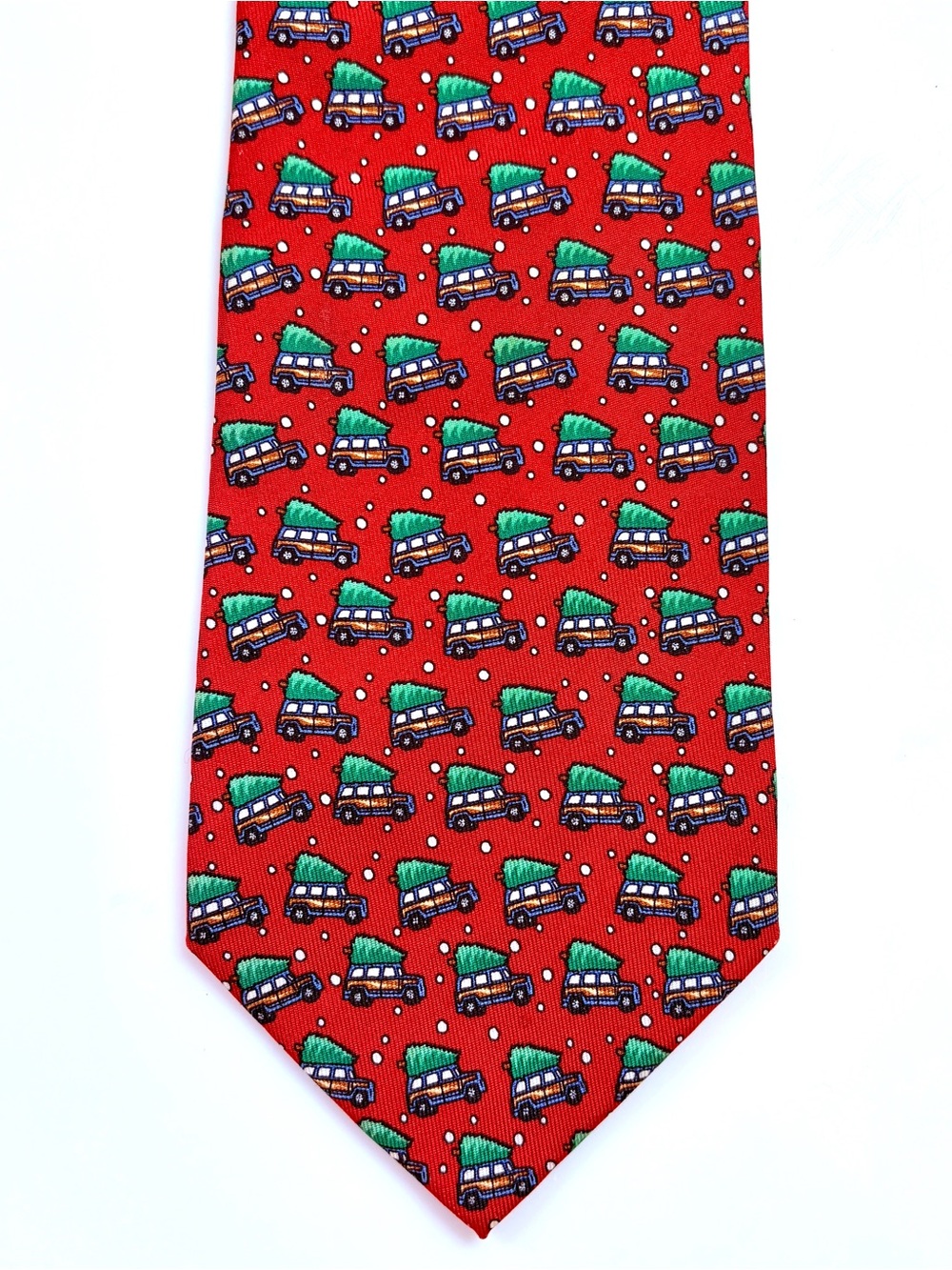 Vineyard Vines Red Silk Tie Woody Station Wagon Christmas Tree Snow Shep Ian